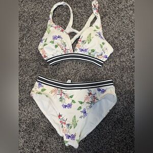 Athleta White Floral Bikini Bottom with Black Stripes